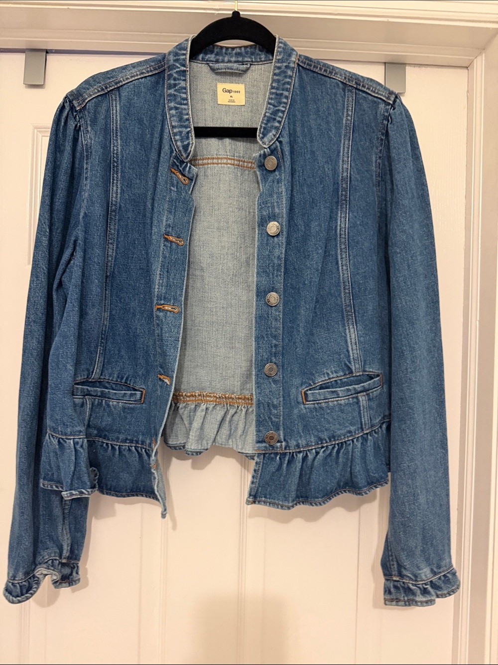 GAP Medium Blue Denim Jacket with Ruffle Hem - Women's
